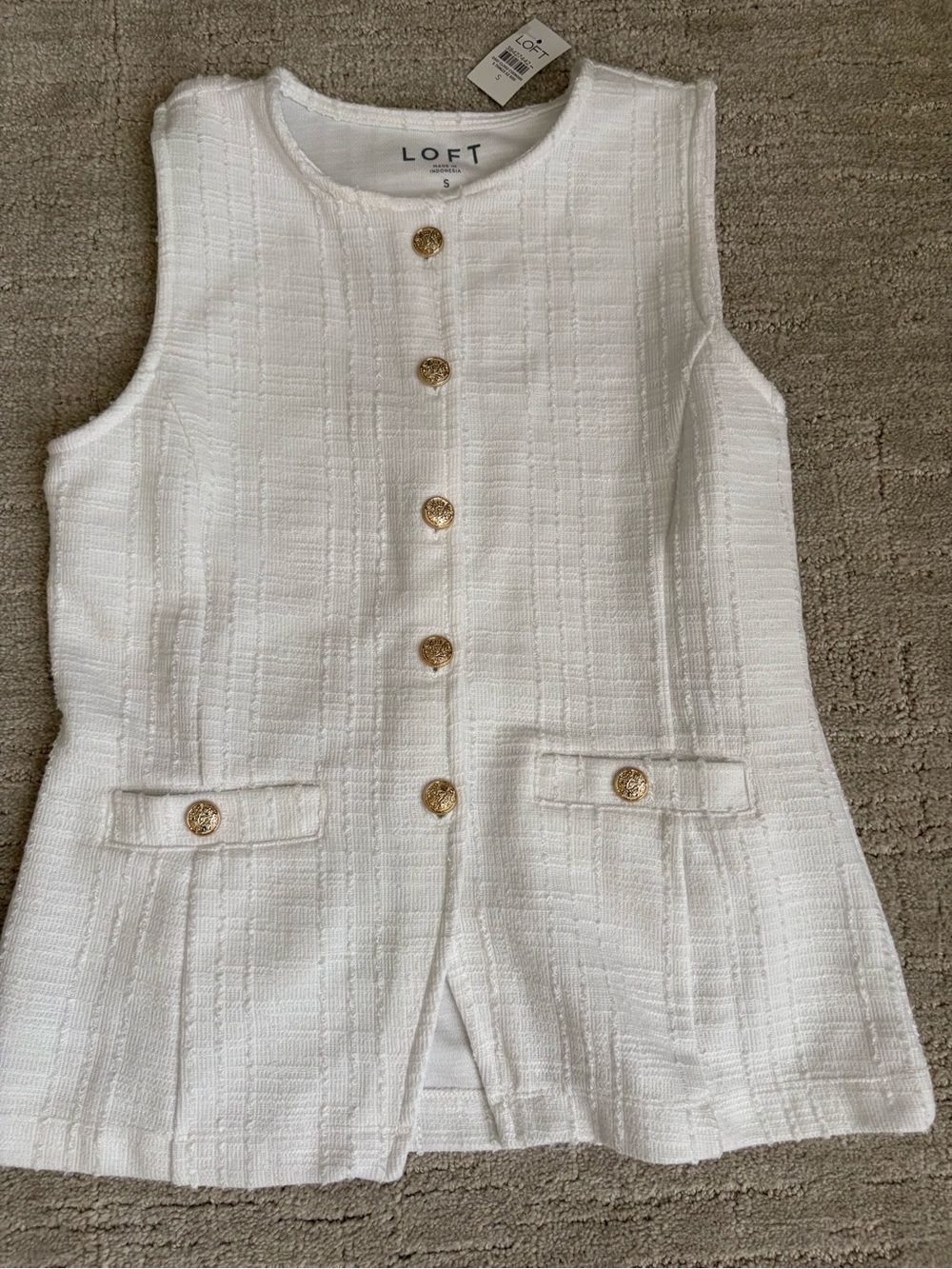 LOFT White Tweed Gold-Button Sleeveless Vest